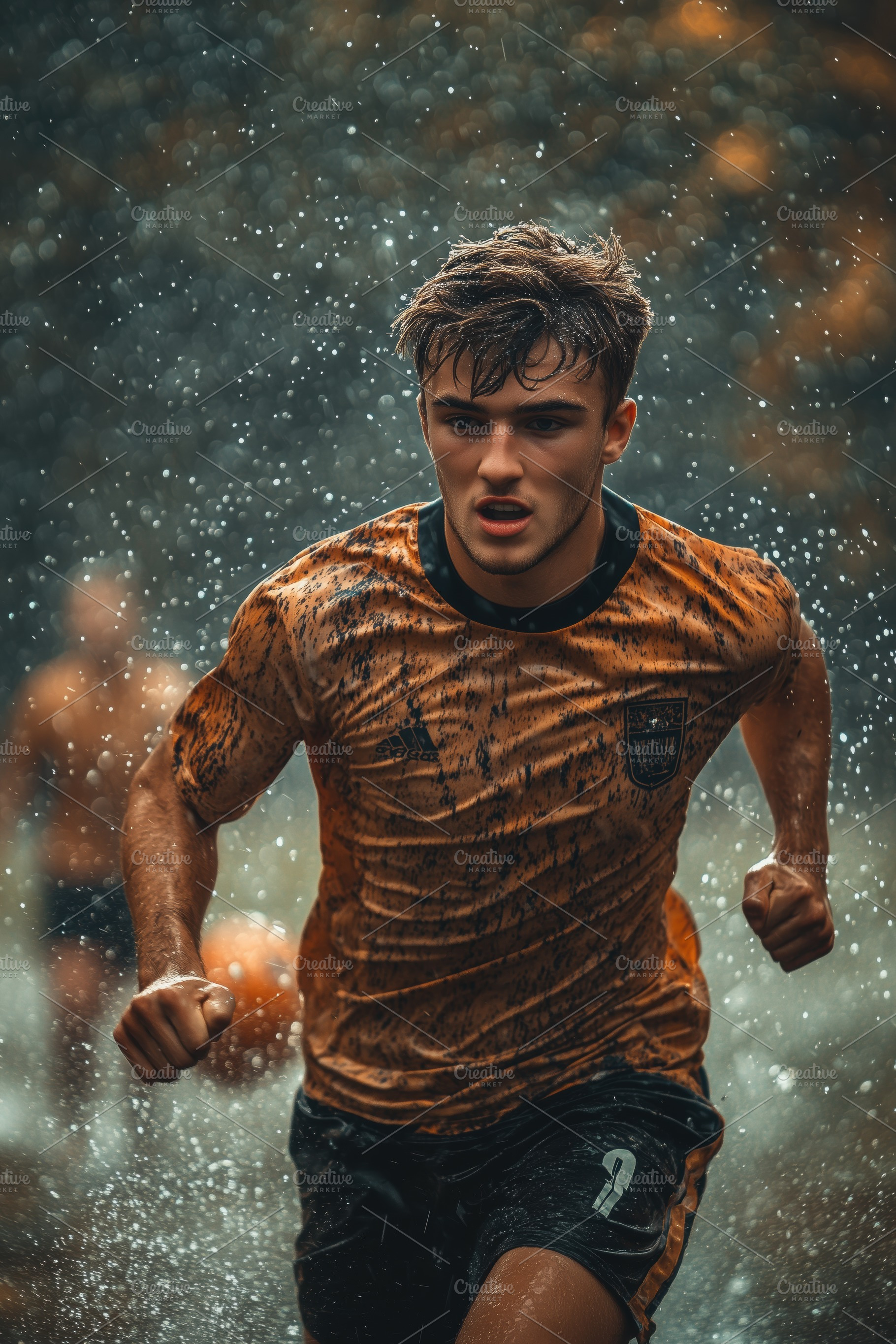A young male soccer player running through a rain-soaked field, splashing water, a Person Photo by Textures & Backgrounds