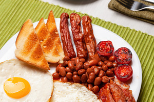 Full English Breakfast with Fried Eggs, Sausages, Bacon, Beans, and Toast, a Food & Drink Photo by Antonio Gravante Market