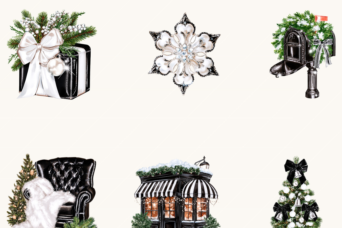 Black & White Christmas Clipart, a Seasonal Illustration by BusyDaydesign (Photo 4 of 9)