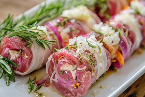 Delicious meat rolls with fresh herb, a Photo by Tanuart
