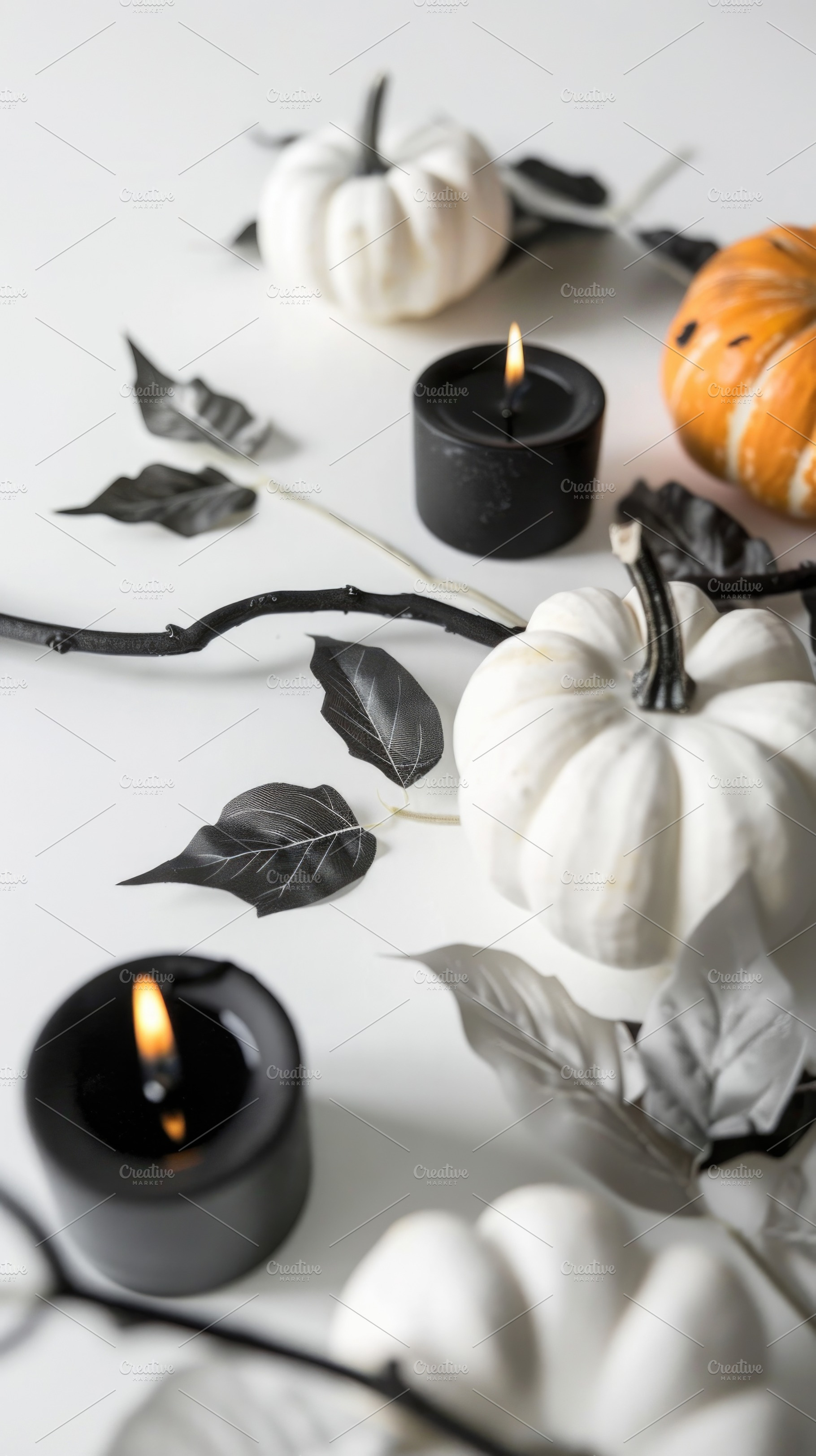 Elegant Halloween white pumpkins with black candles, a Nature Photo by José Manuel Gelpi