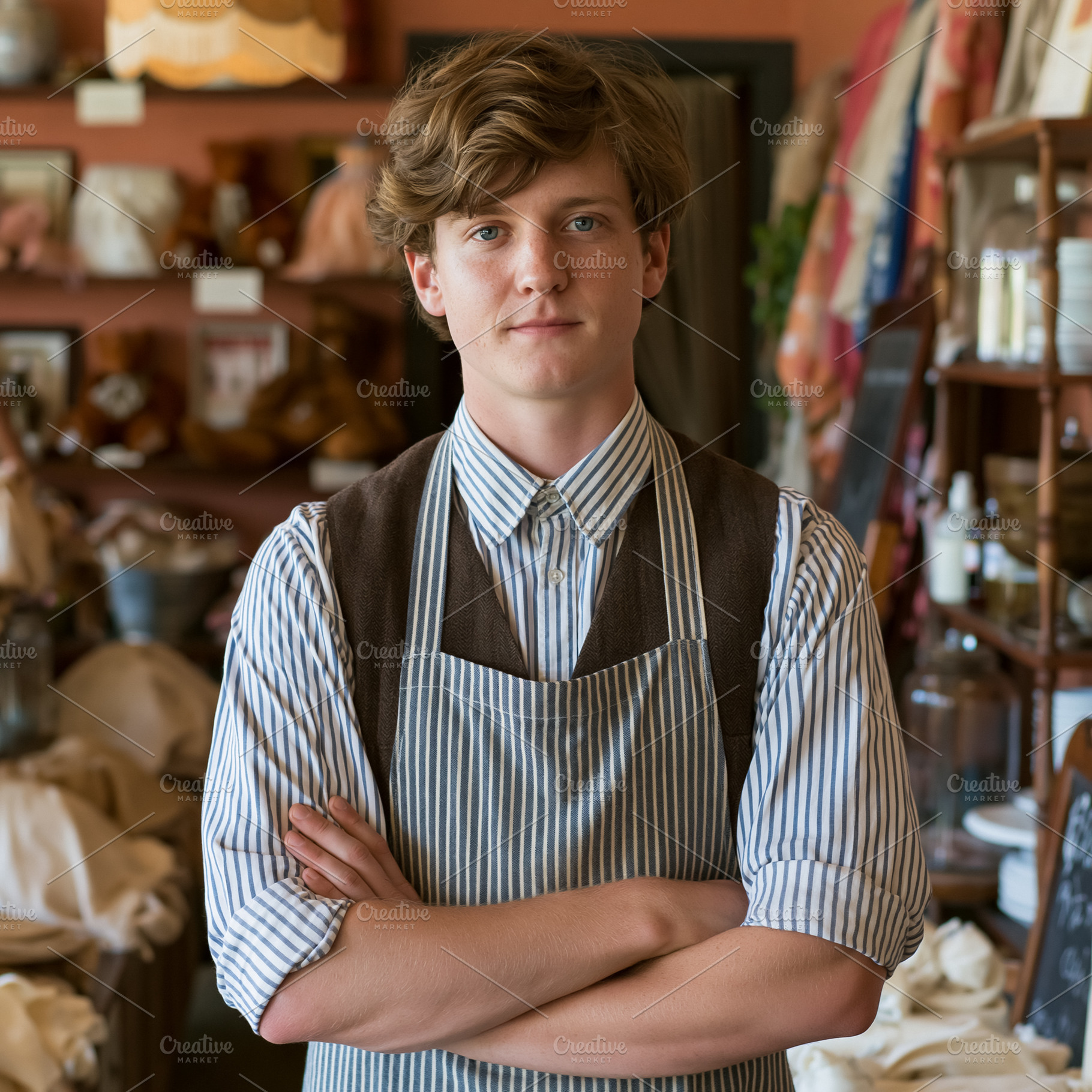 Young male shopkeeper wearing apron in vintage retail store, sma, a Person Photo by Studio ANNA
