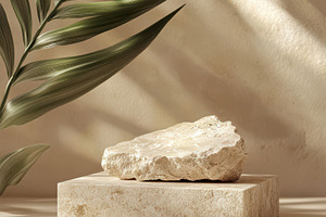 Beige stone on pedestal with palm le, a Background Photo by Pixeness Studio