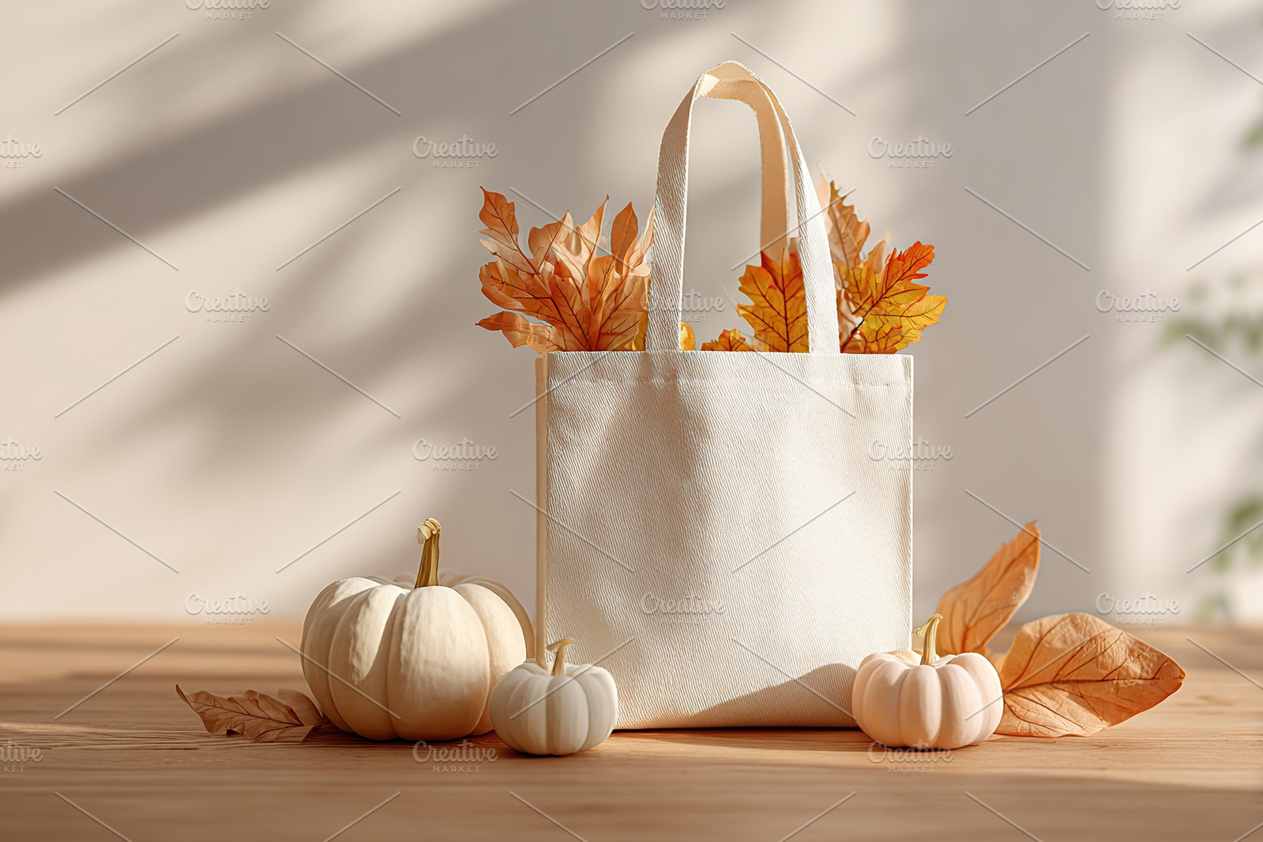 Blank shopping bag with autumn leaves and decorative pumpkins on a wooden table, a Photo by AlyaAnd
