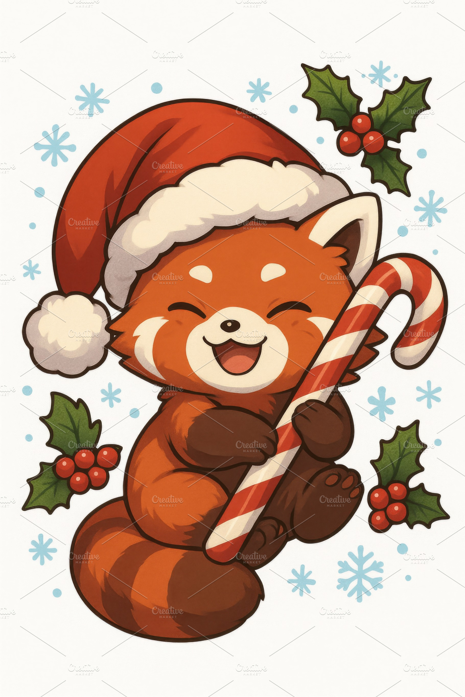 Christmas red panda holding candy ca, a Photo by Dvoevnore photos