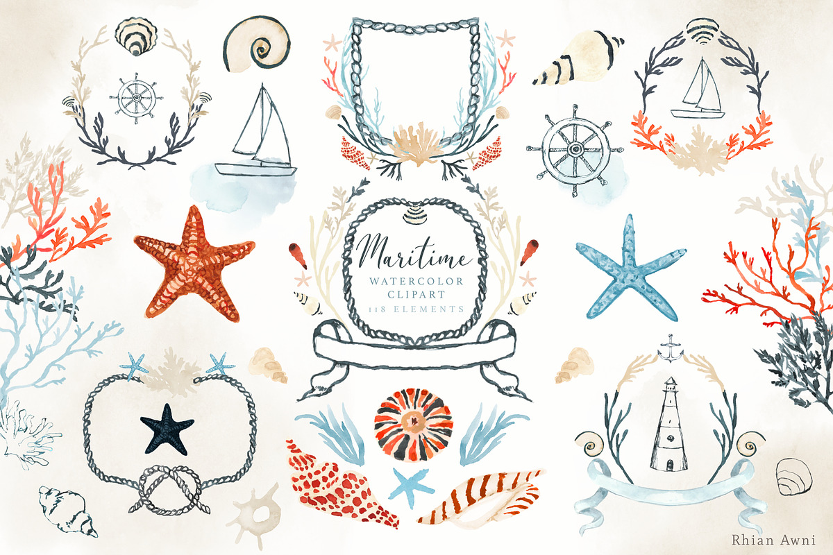 Watercolor and Ink Nautical Clipart, a Graphic by RhianAwni (Photo 7 of 7)