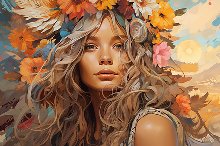 A bohemian portrait of a young woman with long, wavy hair adorned with colorful, a Beauty & Fashion Photo by Textures & Backgrounds