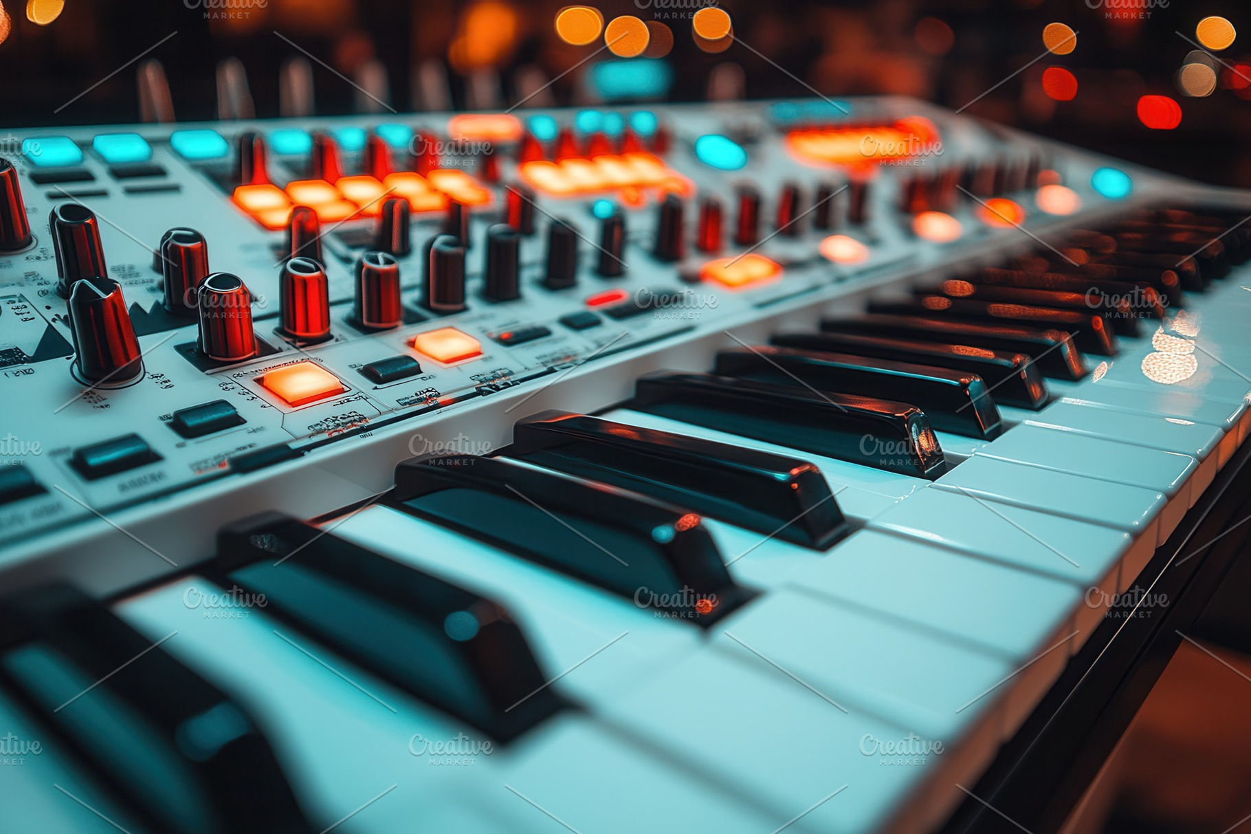 Modern synthesizer with illuminated, a Photo by Tanuart