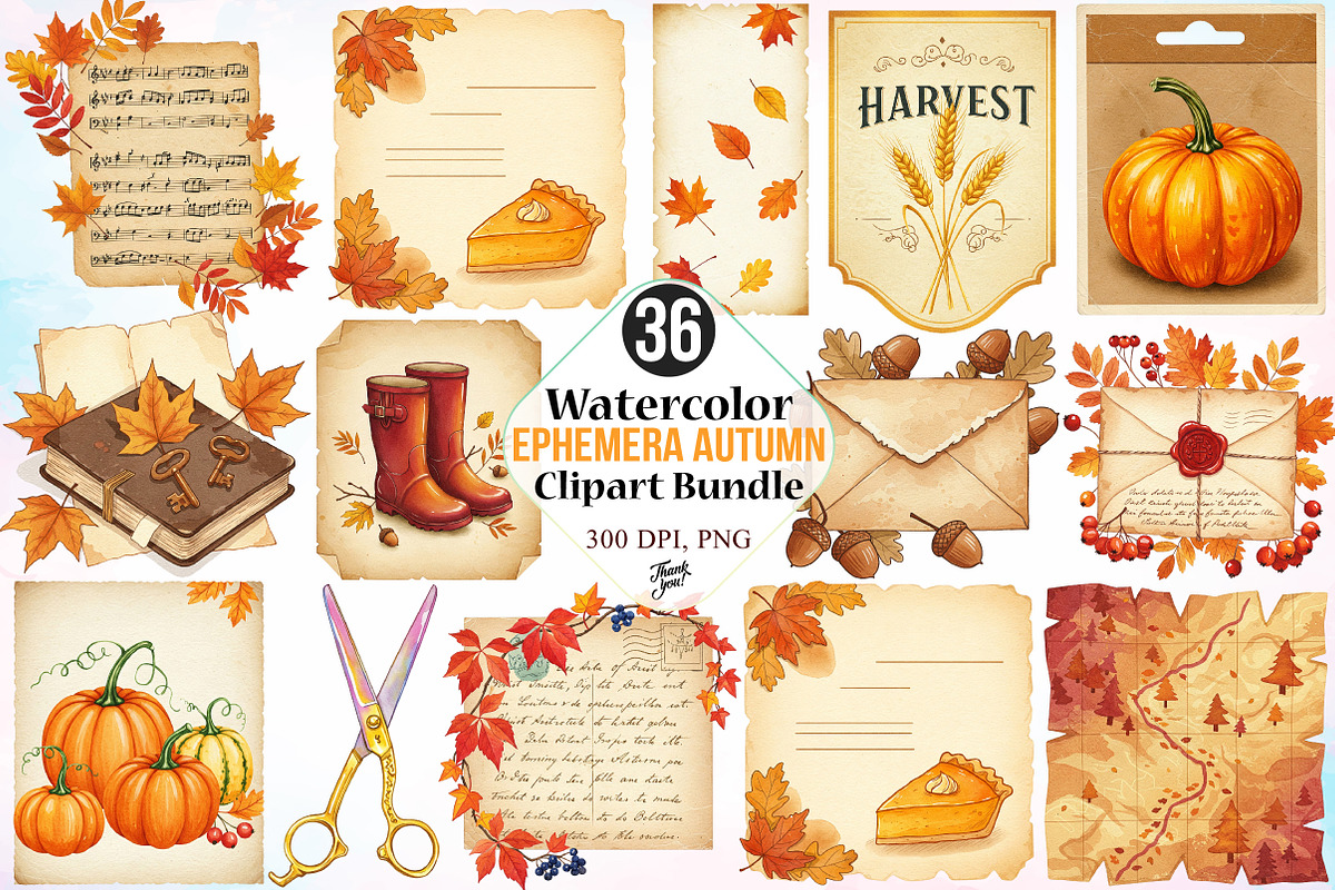 Watercolor Ephemera Autumn Clipart, a Seasonal Illustration by Canvas Craft (Photo 1 of 5)