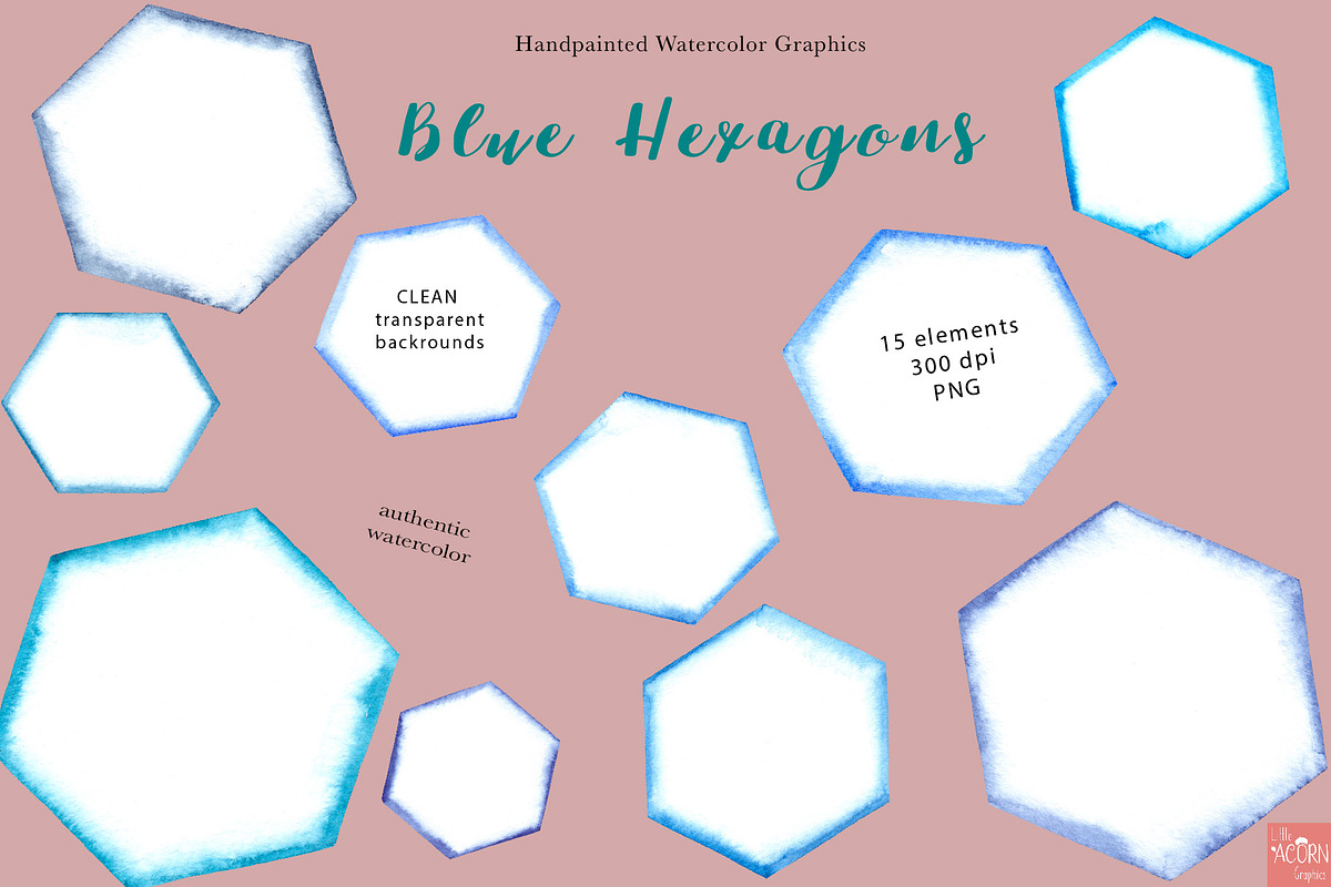 Blue Watercolor Hexagon Graphics, an Object Graphic by LittleAcornGraphics (Photo 2 of 5)