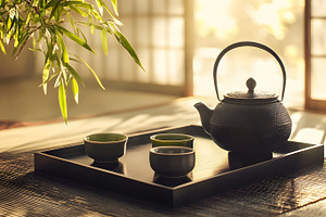 Japanese tea ceremony setup with cast iron teapot, a Food & Drink Photo by Photostock