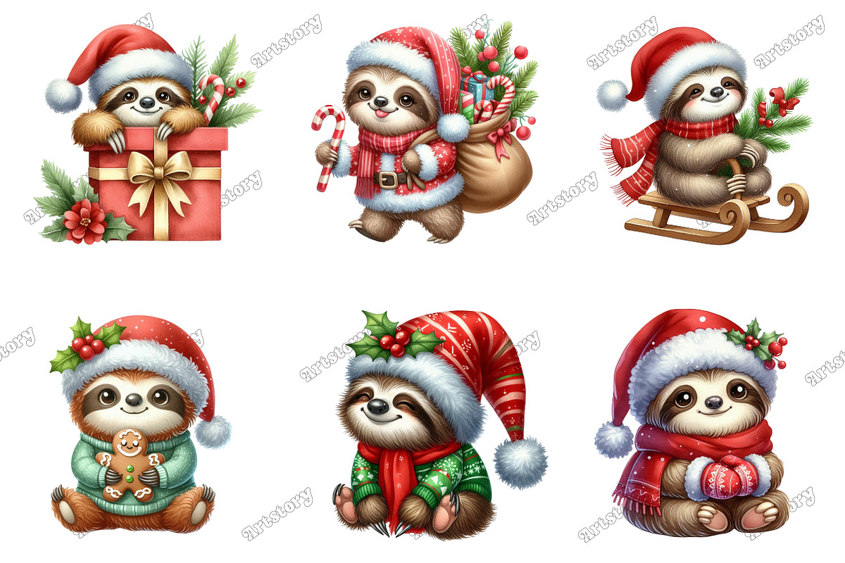 Cute Sloth Christmas Clipart PNG, an Illustration by designcity5 (Photo 3 of 5)