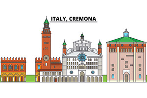 Italy, Cremona. City Skyline, Architecture, Buildings, Streets, Silhouette, Landscape, Panorama, Landmarks. Editable Strokes. Flat Design Line Vector 