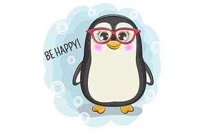 Cute Happy Cartoon Baby Penguin.