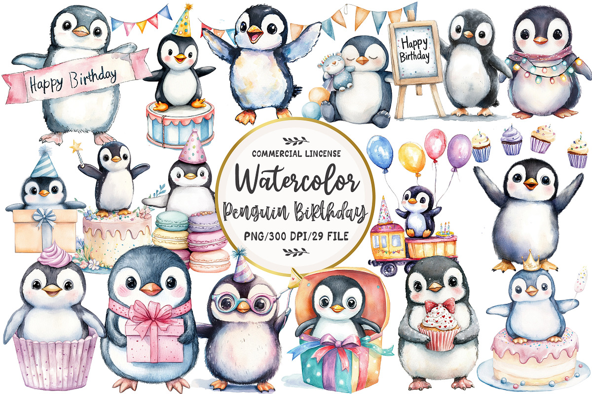 Cute Baby Penguin Birthday Clipart, an Illustration by OK Design (Photo 1 of 5)