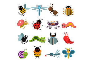 Cartoon Bugs And Insects. Vector Illustration Set Isolate On White Background