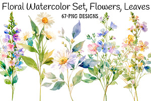Floral Watercolor Set, Flowers, Leav, an Illustration by Daily.Designs
