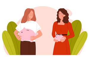 Two Women Holding Piggy Banks, a Person Illustration by Flashvector