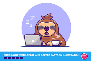 Cute Sloth With Laptop And Coffee