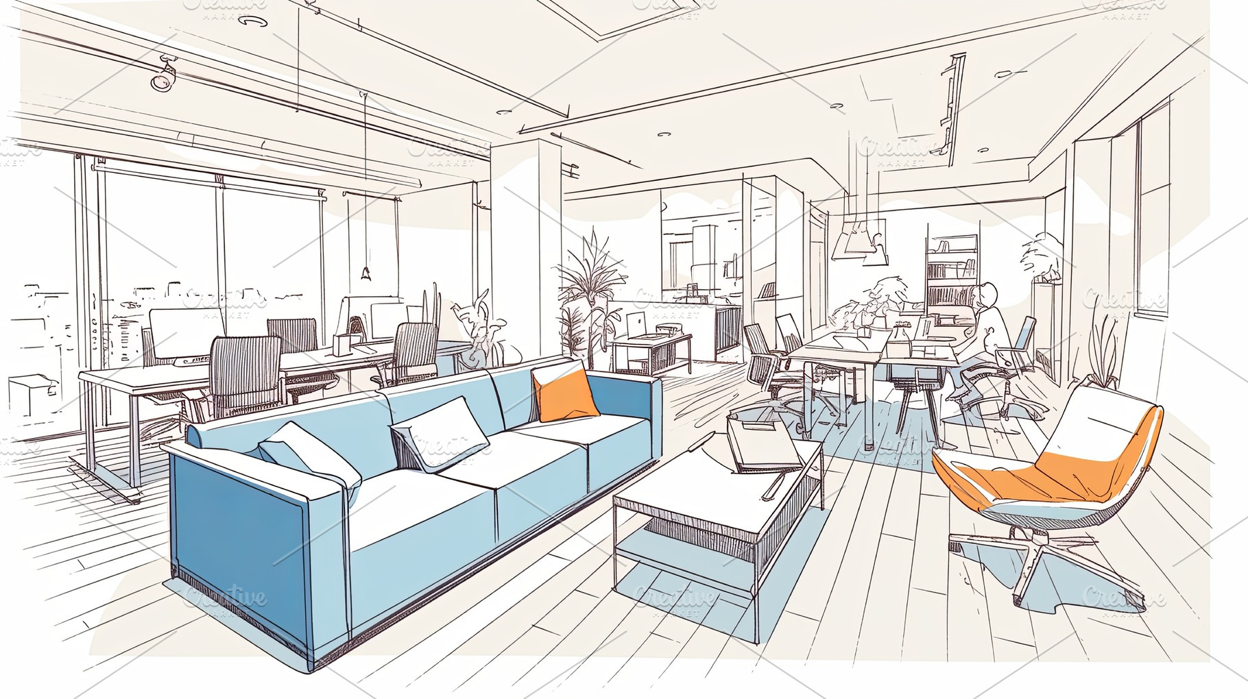 Modern coworking office space with stylish furniture and contemporary interior, a Photo by AS photostudio