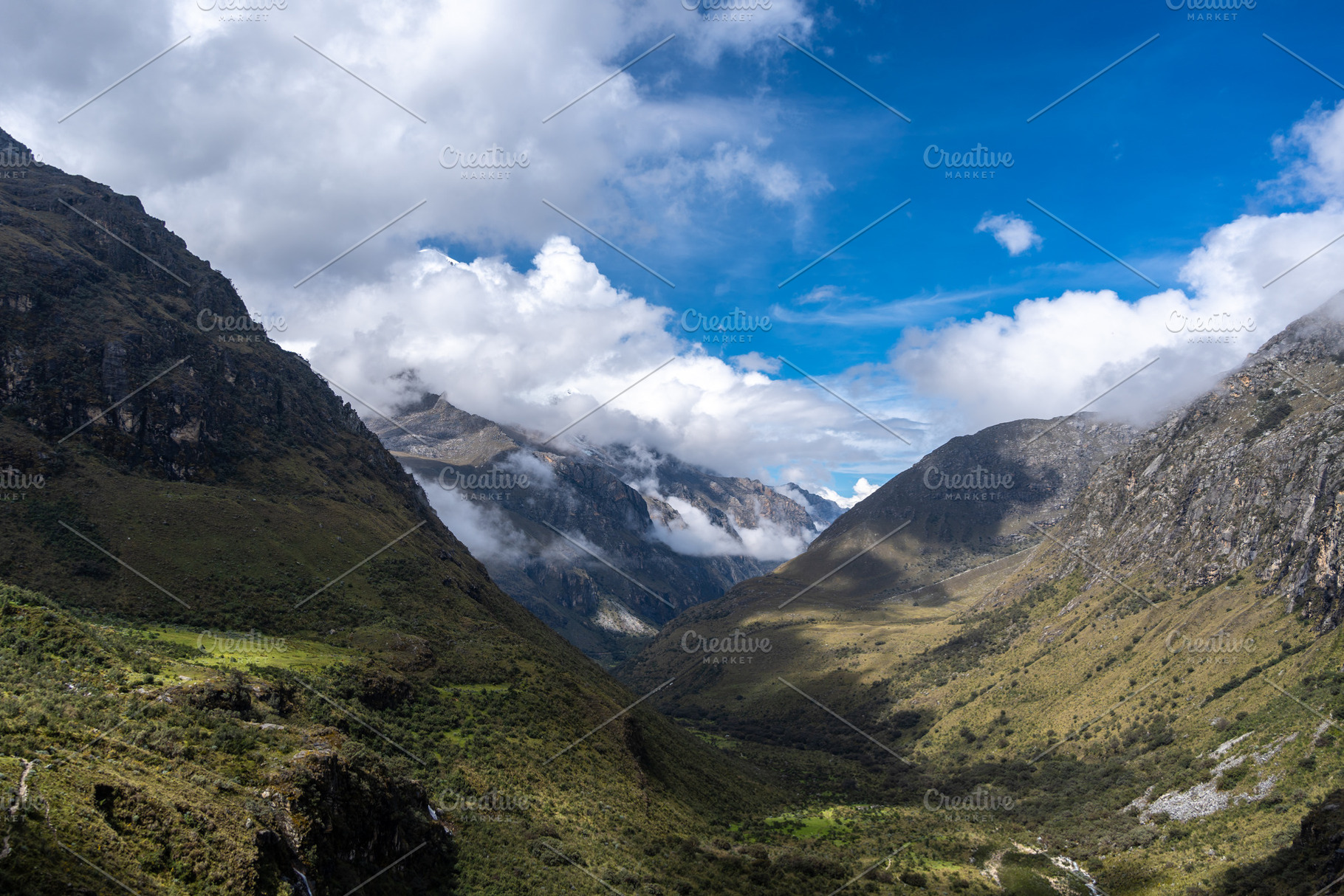 Snow-capped mountains and valley along the Laguna 69 trek in Hua, a Nature Photo by GoodGoods