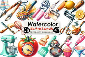 Watercolor Kitchen Utensils Clipart, an Illustration by Black Bird Studio