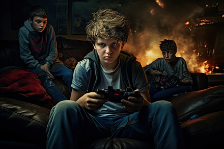 Teenage boy playing video games with, a Photo by Iftikhar Alam