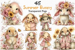Whimsical Summer Bunny Clipart, an Illustration by Craft Nest