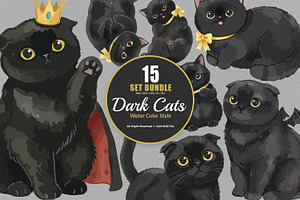 15 Bundle Watercolor Dark Cats Kiten, an Animal Illustration by Morspective
