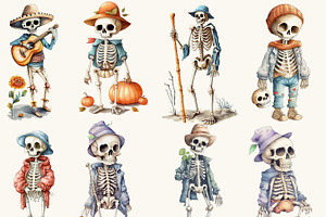 Watercolor Cute Skeleton Clipart