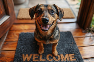 Brown dog sitting on a black welcome mat in front of wooden door, an Animal Photo by José Manuel Gelpi