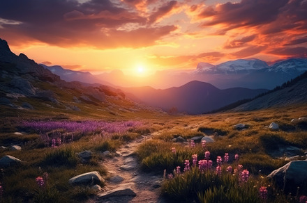 Sunset in the mountains with pink fl, a Photo by Iftikhar Alam