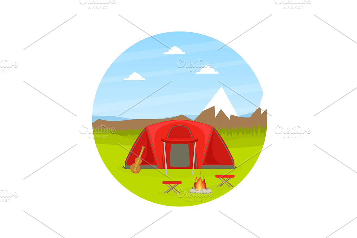 Red Tourist Tent and Campfire on, an Illustration by TopVectors