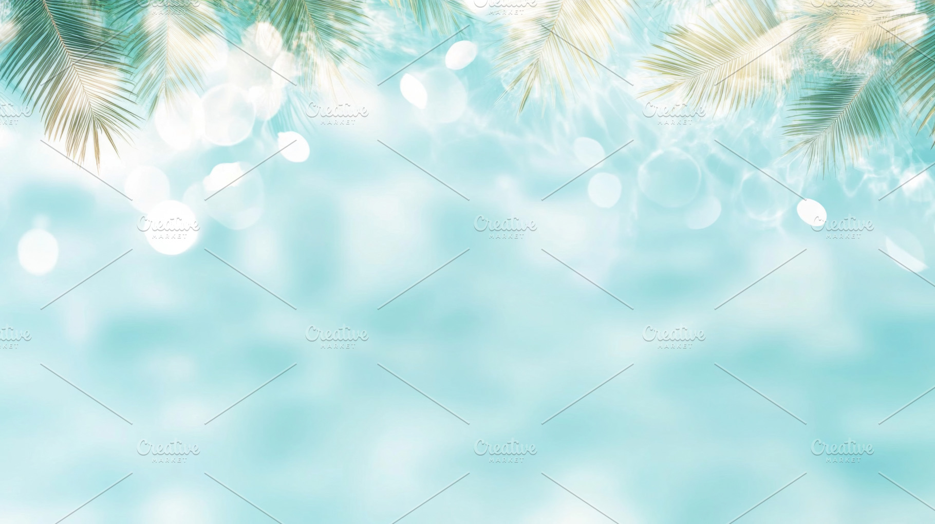 Blurred blue ocean water background of exotic beach with palm le, a Photo by Dvoevnore photos
