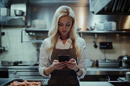 Blonde female chef engaged in textin, a Photo by Iftikhar Alam