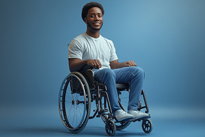 Young man in wheelchair smiles with, a Photo by Tanuart