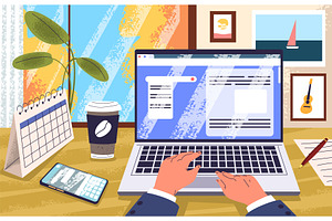 Laptop work desk. Hands typing on, a Technology Illustration by Stock-Smart-Start