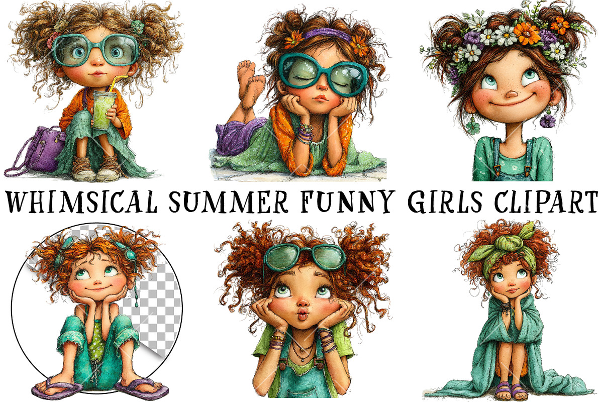 Whimsical Summer Funny Girls Clipart, an Illustration by OK Design (Photo 2 of 6)