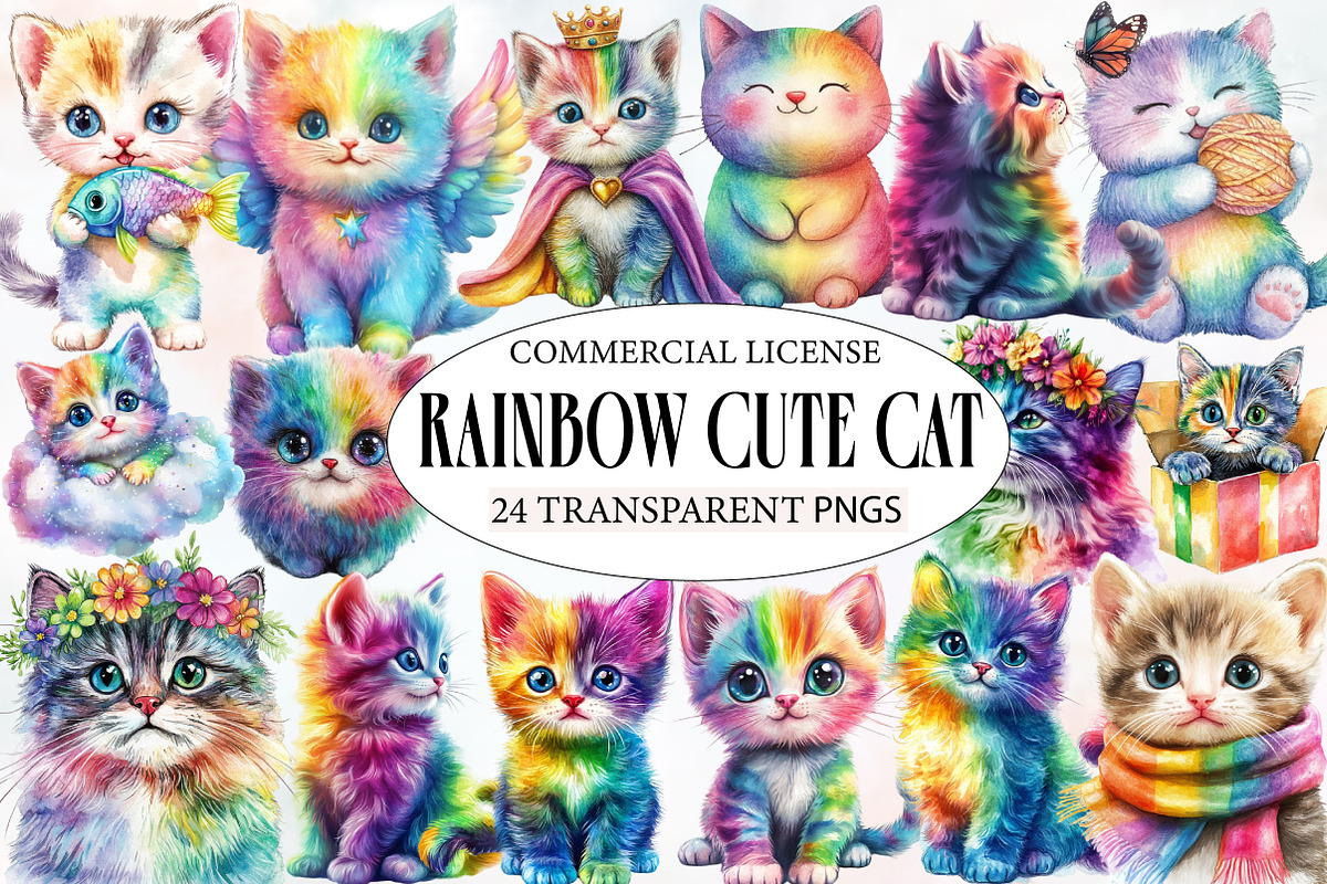Adorable Rainbow Cute Cat Clipart, an Illustration by Designworld (Photo 1 of 6)