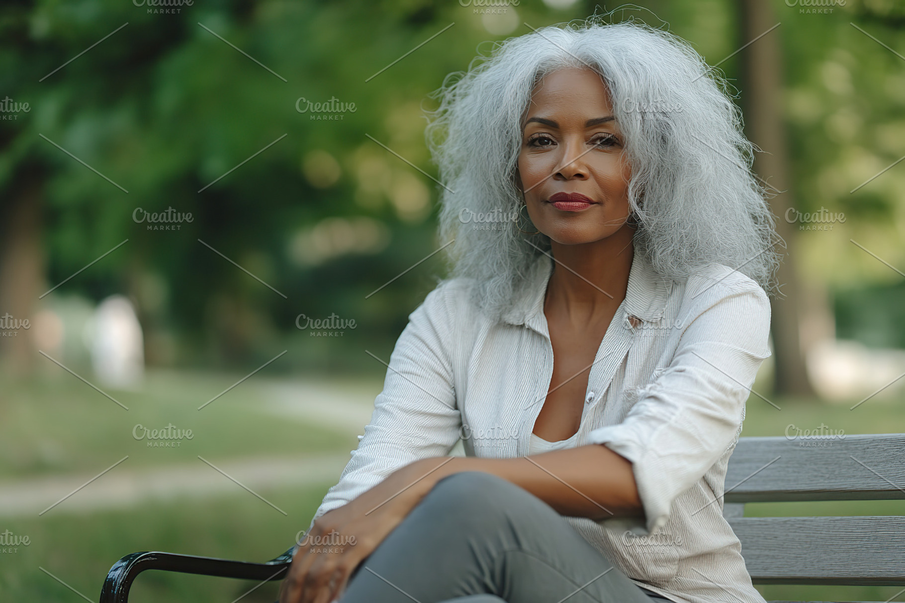 Elegant woman with silver hair relaxing in a park in summer, a Person Photo by AlyaAnd