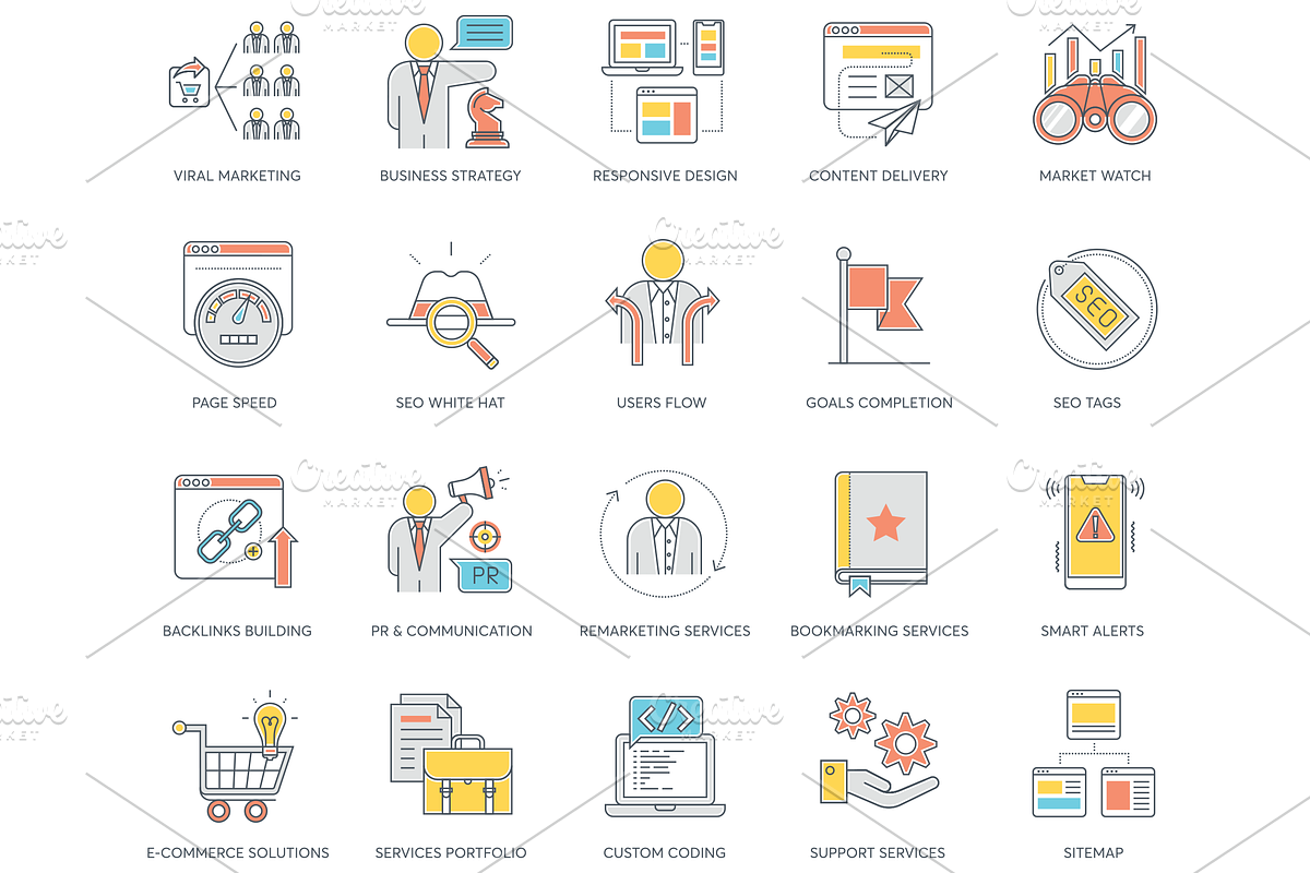 Online Marketing Color Line Icons, an Outline Icon by Flat Icons