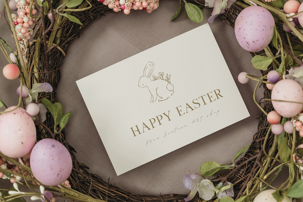 Easter Line Art Bunny & Floral Set, a Seasonal Illustration by Jenteva Art