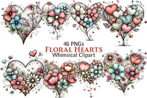 Whimsical Floral Hearts Clipart, an Illustration by Pixels.Craft
