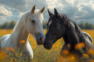 Two beautiful horses, a white stallion and a black mare, nuzzle affectionately, an Animal Photo by ImageMir