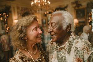 Elderly couple dancing at a festive holiday party surrounded by friends and war, a Photo by AS photostudio