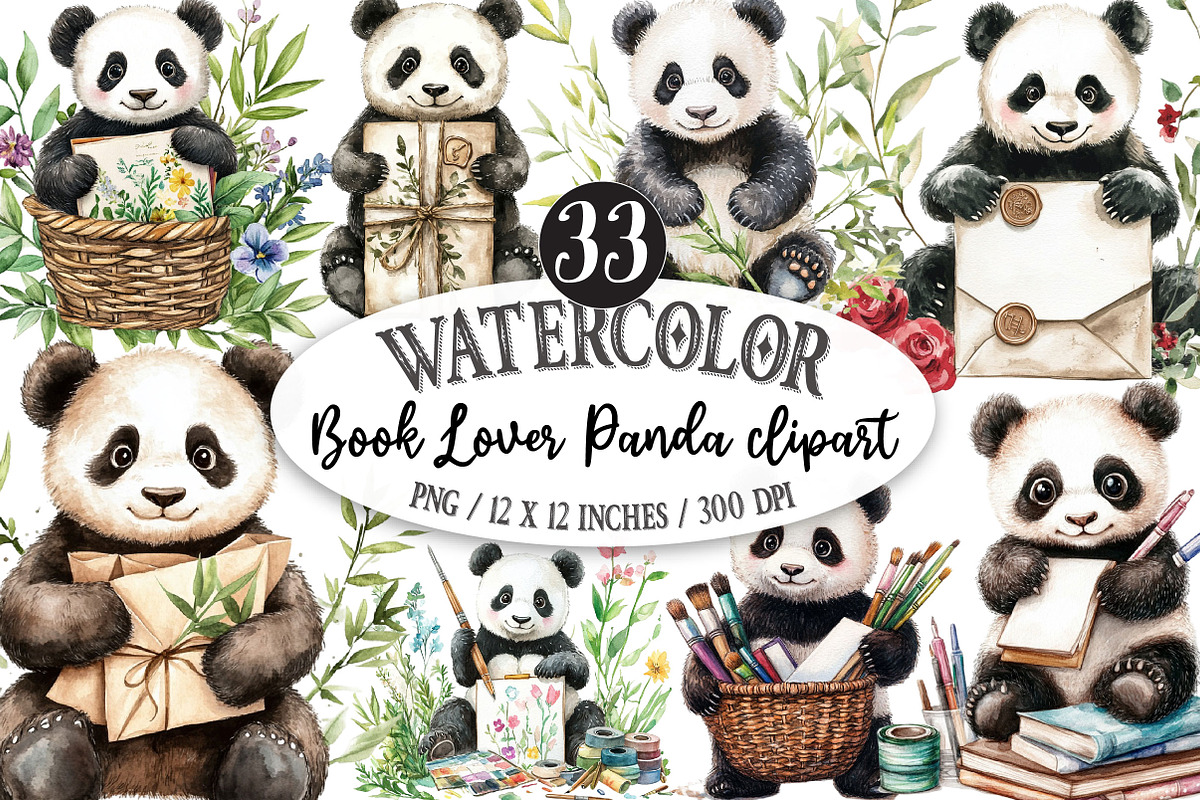 Watercolor Book Lover Panda clipart, a Seasonal Illustration by Designking (Photo 1 of 5)