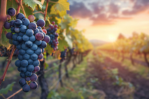 Blue grape bunches hanging in vineyard on sunset background, a Food & Drink Photo by AlyaAnd