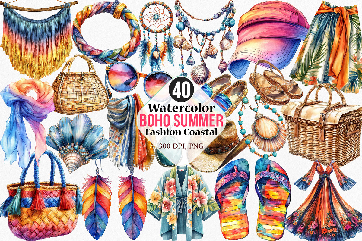 Boho Summer Fashion Coastal Clipart, an Illustration by Canvas Craft (Photo 1 of 7)