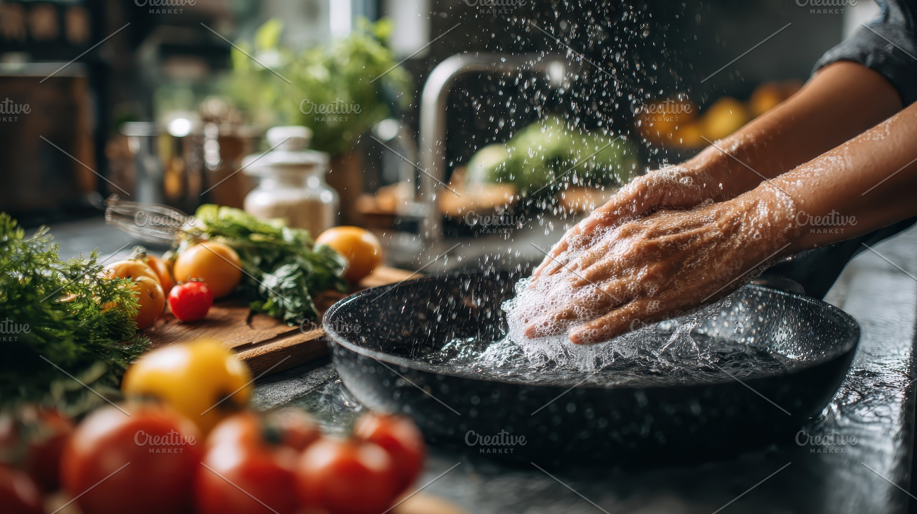 Washing hands in a pan fresh vegetab, a Photo by Pixeness Studio
