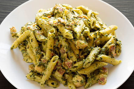 Homemade One-Pot Chicken Spinach Bacon Alfredo Pasta on a plate, a Food & Drink Photo by LiudmylaChuhunova